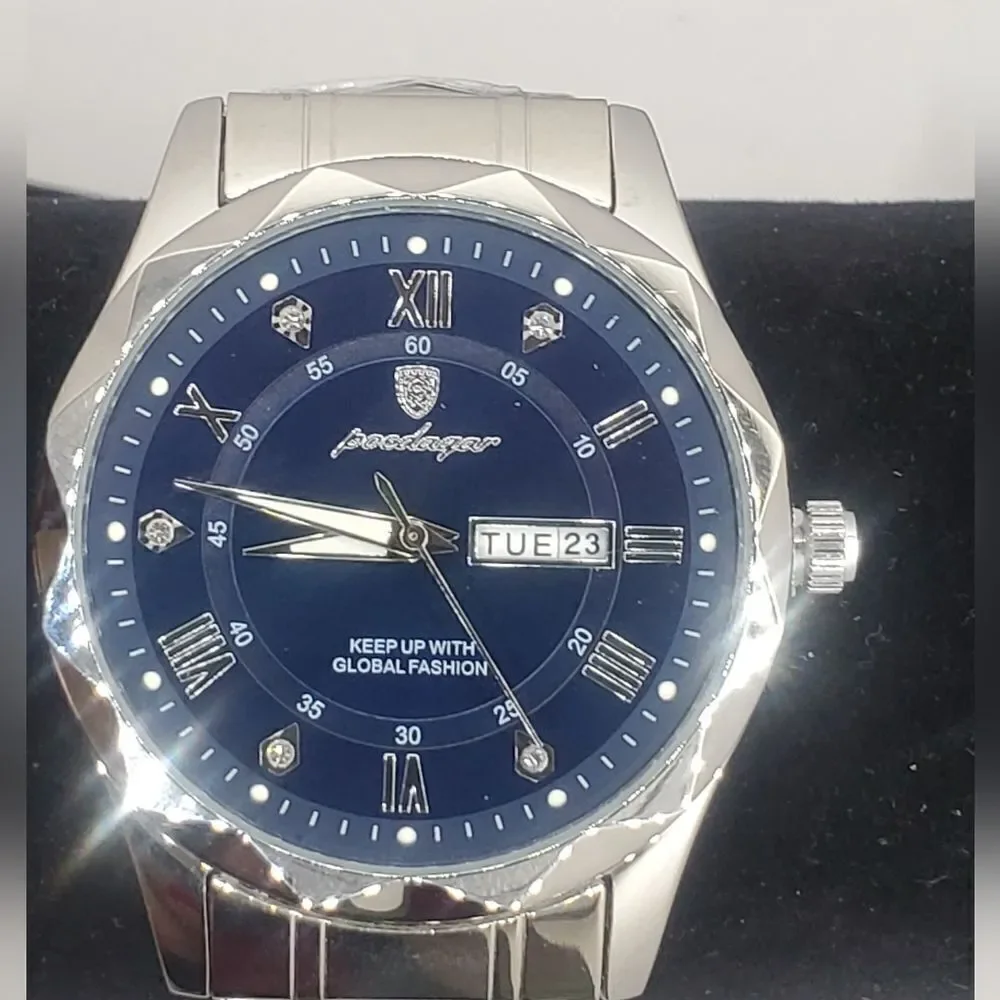 Men's Blue and Silver Poedagar Quartz Watch with Stainless Steel Ba…